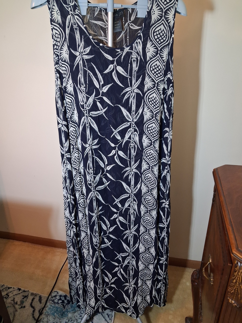 Vintage 2 Piece Lola P. Navy and White Botanical Maxi Dress